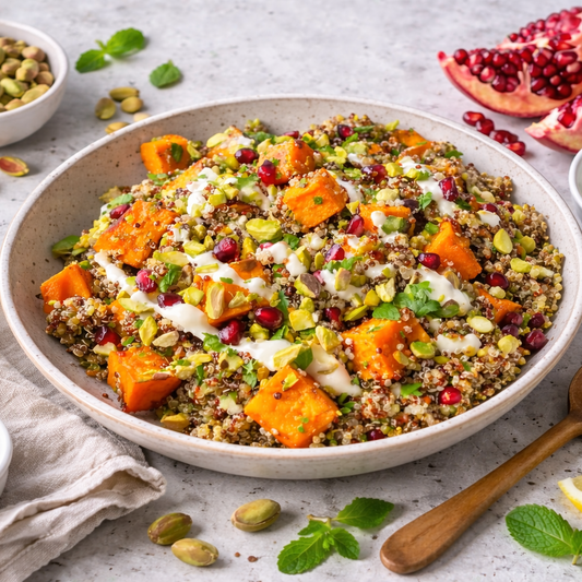 Quinoa, granada, pistachos